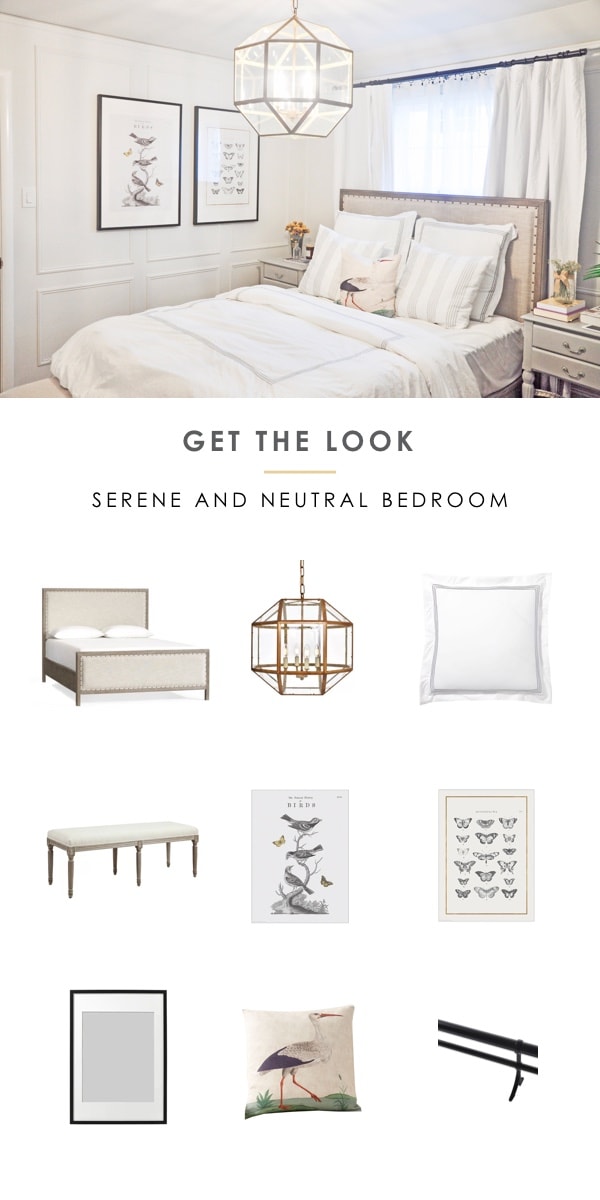 get the look serene and neutral bedroom, interior design moodboard, shop the room | pottery barn toulouse bed, pottery barn grand organic duvet and euro sham pillow, ikea bilk poster #bedroom #getthelook #shoptheroom