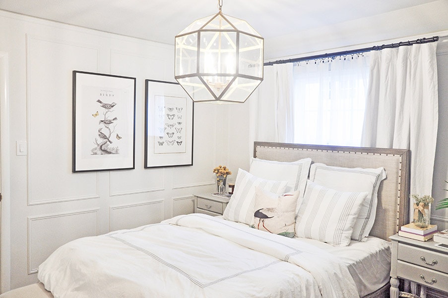 bedroom tour, pottery barn toulouse bed, ikea large framed art