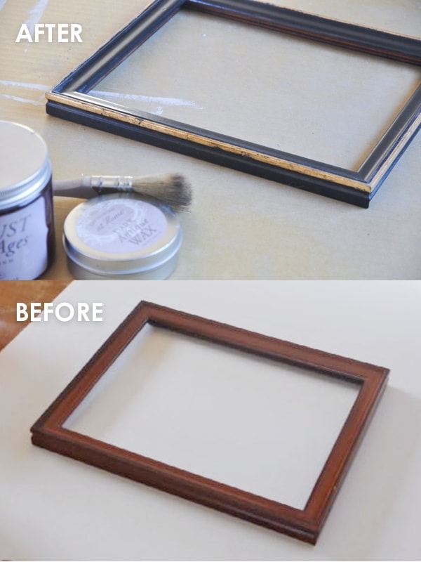 thrift store $1 picture frame makeover with vintage olive branch botanical art free printable wall art | amy howard at home dust of ages, amy howard at home dark antique wax, gilding size, gold leaf sheets