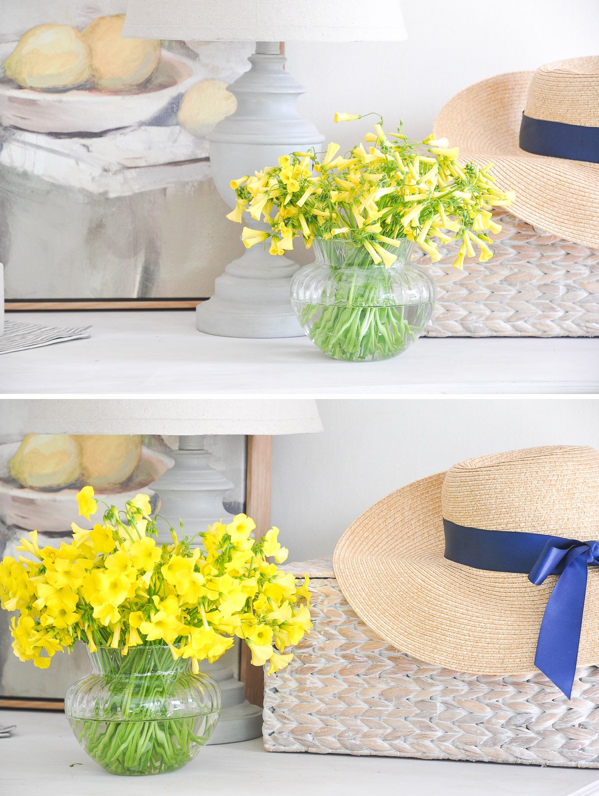 Spring Decoration Ideas for Entryway Console Table | DIY Spring Decor | yellow clover flower