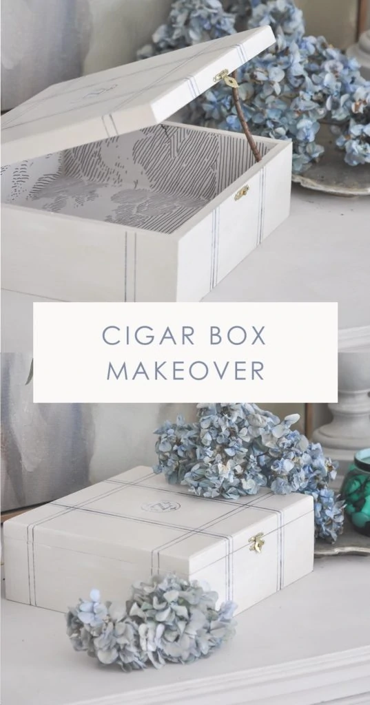 vintage cigar box makeover, cigar box crafts ideas, repurposed thrifted cigar box | bone inlay storage box, diy home decor, anthropologie cloud formation wallpaper lining