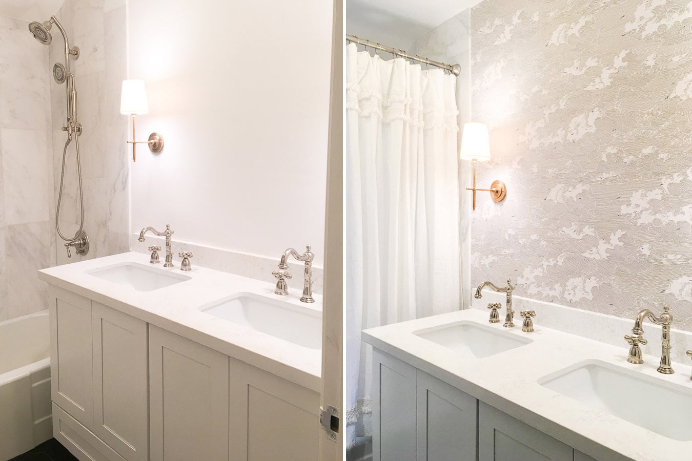 master bathroom remodel, before and after diy wallpaper installation, small bathroom remodel