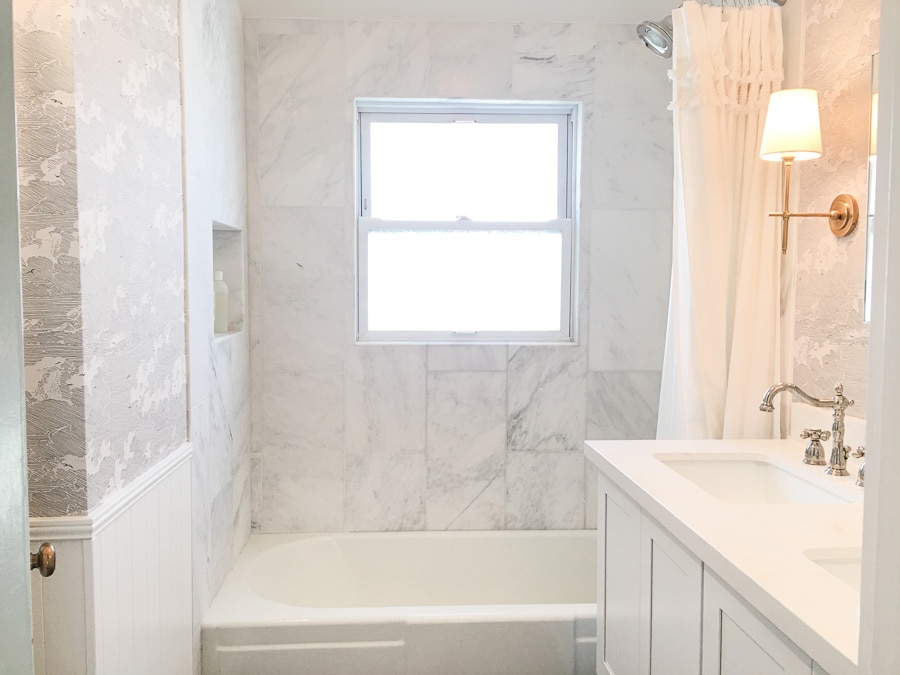 master bathroom remodel, small bathroom renovation, diy install wallpaper, 12 by 24 venato carrara marble subway tile in shower bath combo