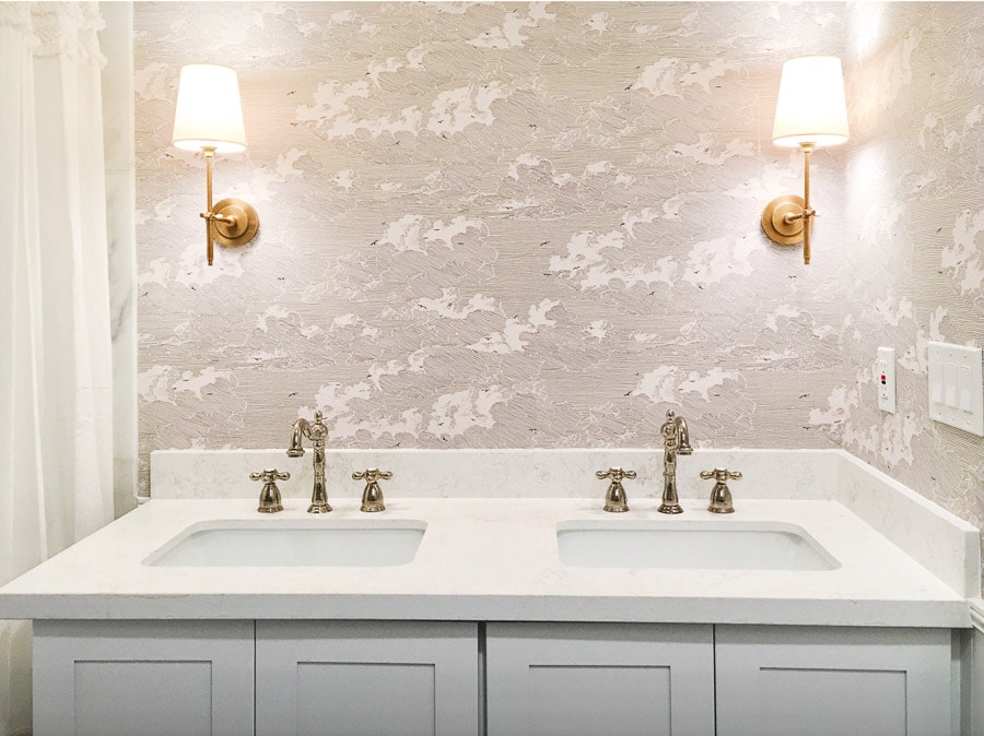 master bathroom remodel, small bathroom renovation, diy install wallpaper, anthropologie cloud formation wallpaper, polished nickel faucet, visual comfort bryant sconces