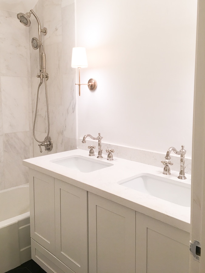 master bathroom remodel, small bathroom renovation, diy install wallpaper, 12 by 24 venato carrara marble subway tile in shower bath combo , kholer artifacts shower facet and spray head