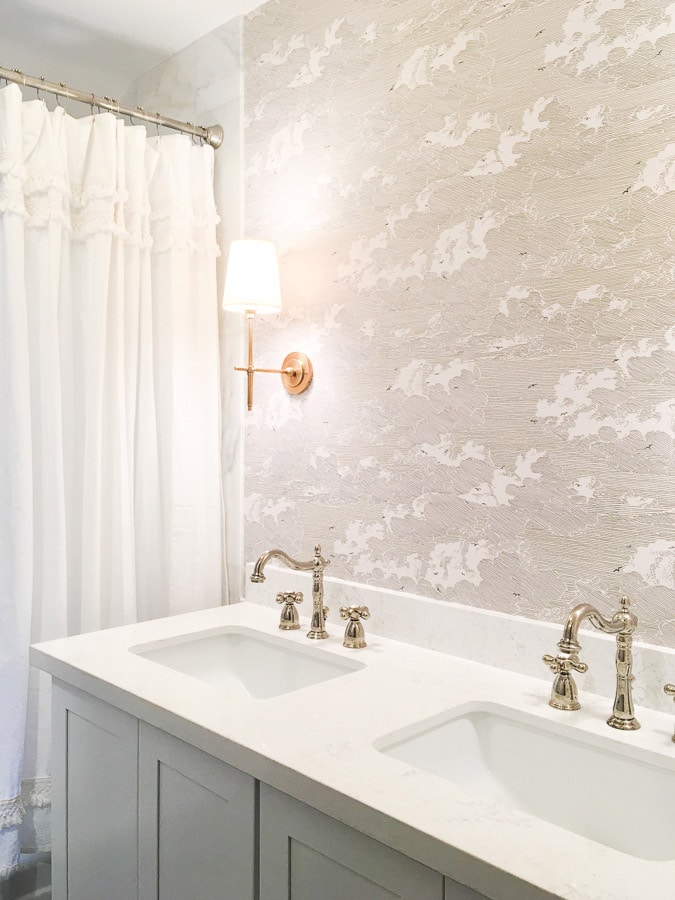 master bathroom remodel, small bathroom renovation, diy install wallpaper, anthropologie cloud formation wallpaper, polished nickel faucet, visual comfort bryant sconces