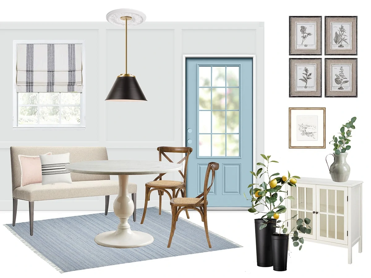 small dining room remodel mood board, inspiration board, banquette seating, cottage dining room