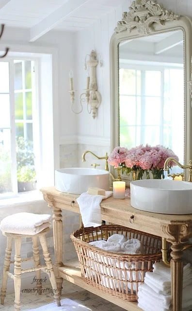 romantic vessel sink bathroom, french country interior style, french rustic, vintage inspired french country cottage