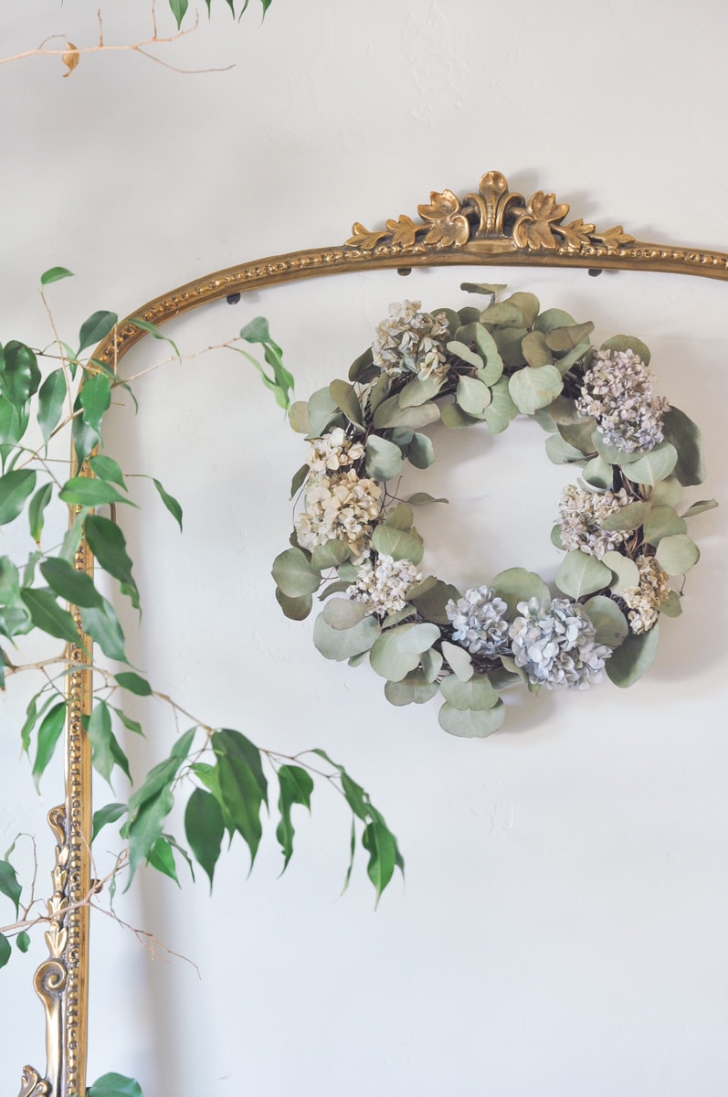 dry flower wreath with anthropologie gold mirror frame decor