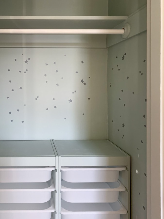 DIY star wall stencil, IKEA Trofast hack, closet builtin storage unit, home office closet makeover
