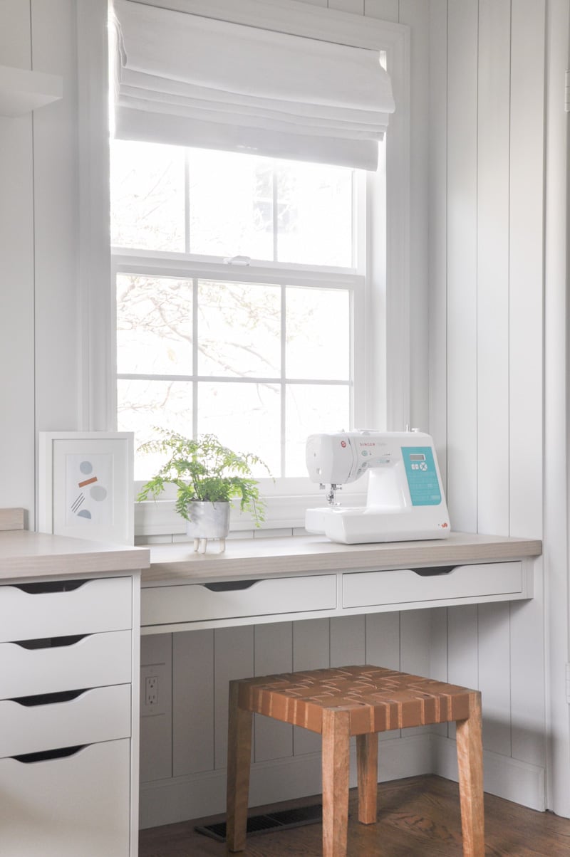 DIY ikea sewing table, home office built-in with ekby alex shelf hack