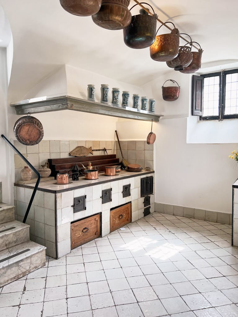 copper and brass in old european kitchen