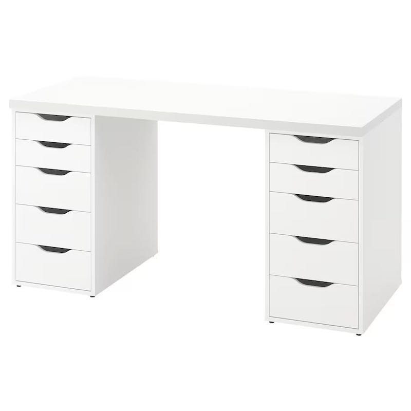 ikea white desk with 2 cabinets on the side