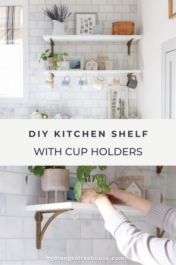 DIY cup holders on kitchen shelf for storing and displaying coffee mugs, tea cups. Easy DIY project for your kitchen.