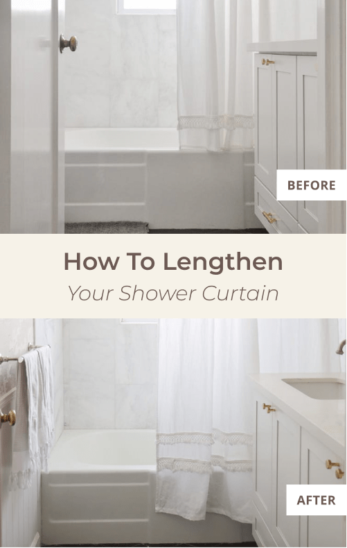 how to lengthened a store bought 72" x 72" shower curtain using a DIY method, with sewing machine and also no-sew method