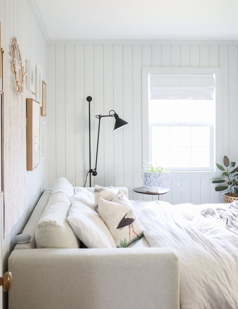 Bedroom roman shades installed in home office and guest bedroom, pottery barn emery linen