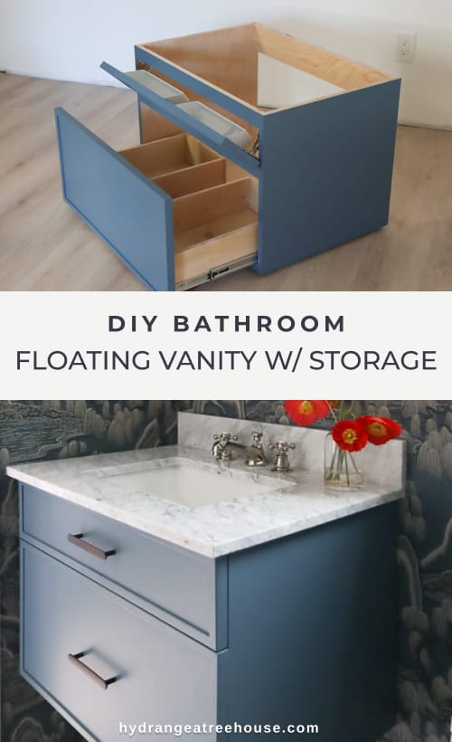 DIY floating vanity with storage. small vanity build plan, how to build tip out tray, drawer with plumbing cut out. small bathroom ideas