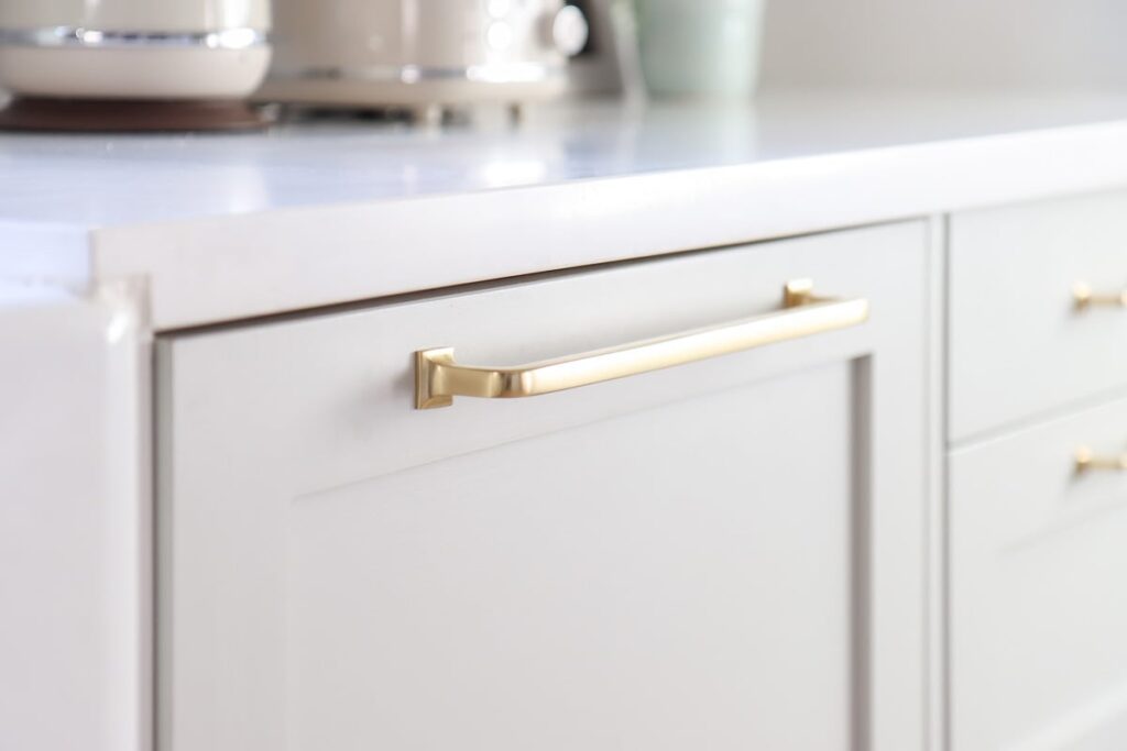 Semihandmade Cabinet Fronts for IKEA Kitchens with aged brass drawer pull from rejuvenation