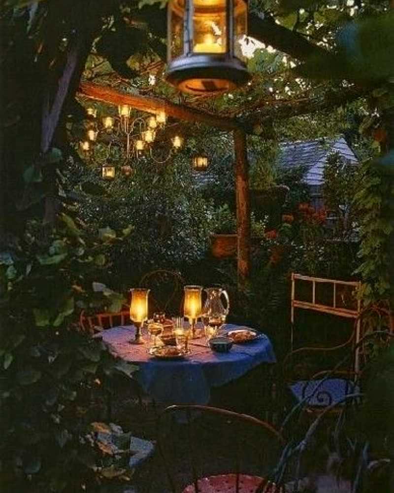 Fairytale English Cottage Garden Ideas, fairy lights, cozy nook