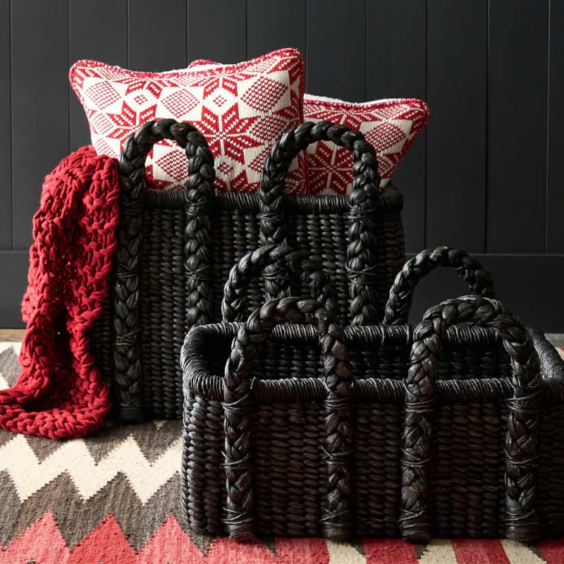 Best Baskets To Hold Blankets For A Stylish Storage Solution, beachcomber handwoven rectangular baskets in black, braided handles