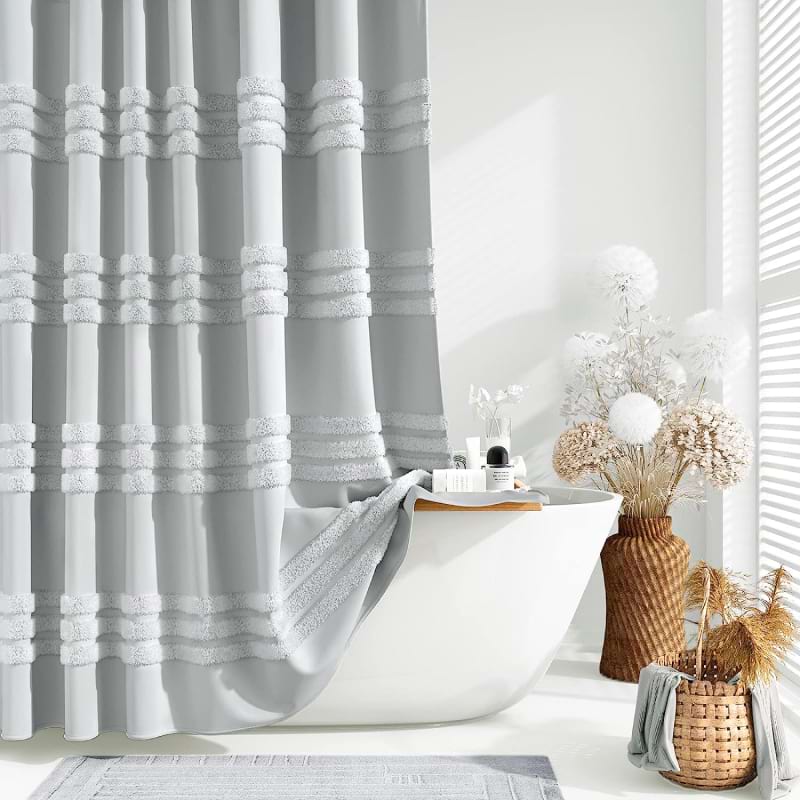 shower curtain rod height and curtain length, how high shower curtain rod, how long shower curtain length, Textured Tufted Chenille Striped Fabric Shower Curtain