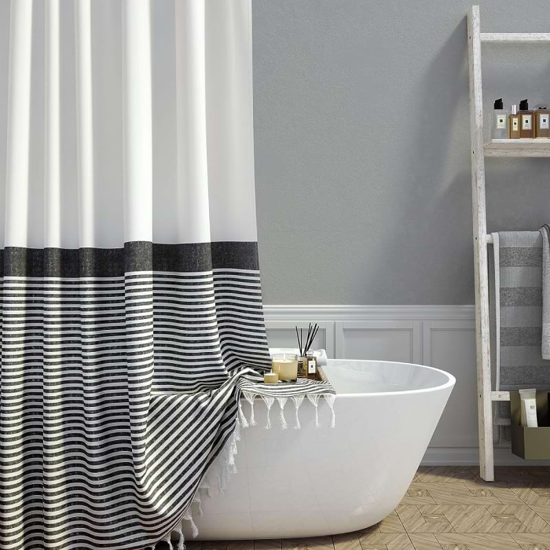 shower curtain rod height and curtain length, how high shower curtain rod, how long shower curtain length, Farmhouse Black and White Striped Cotton Cloth Shower Curtain with Boho Tassels