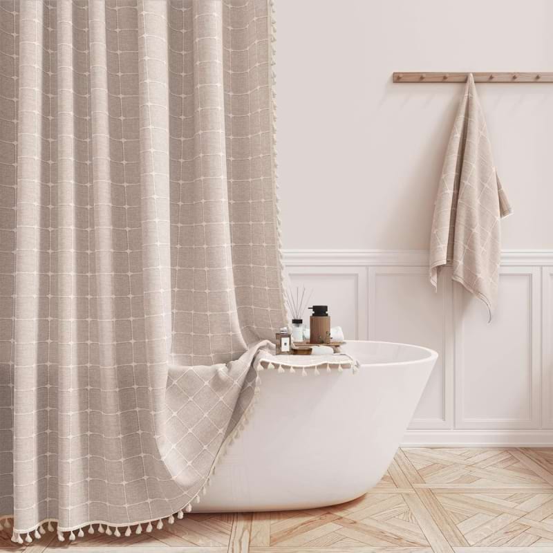 shower curtain rod height and curtain length, how high shower curtain rod, how long shower curtain length, Taupe Linen Fabric French Country Chic Shower Curtain