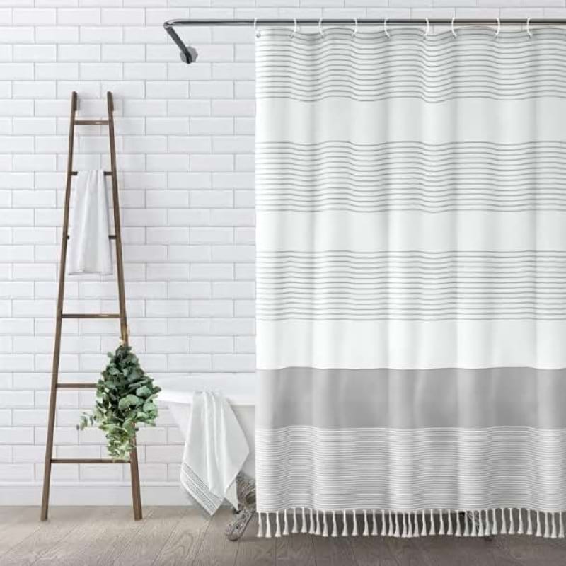 shower curtain rod height and curtain length, how high shower curtain rod, how long shower curtain length, Boho Gray Stripe Tassel Shower Curtain
